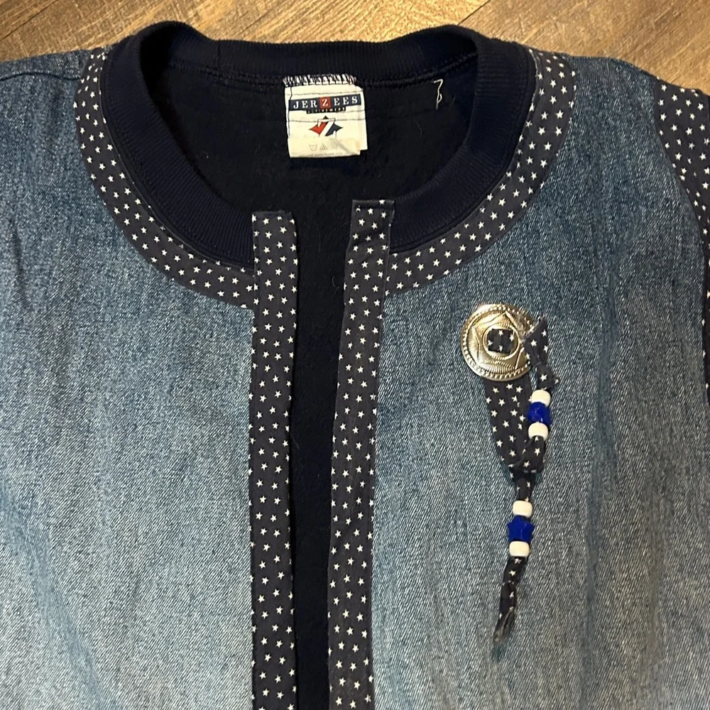 Vintage Sweatshirt Womens Large Blue‎ Jacket Up cycle Jnco Denim DIY Made In USA